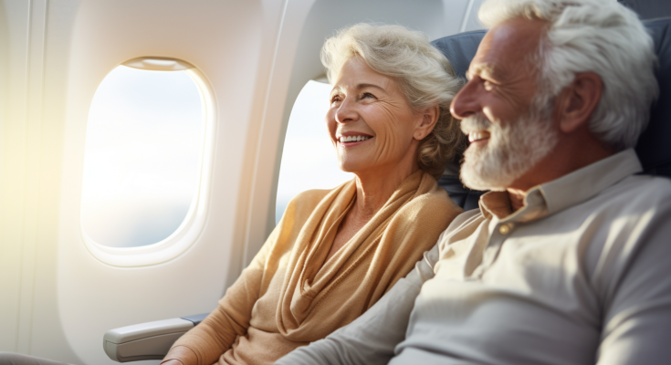 mand and woman seated on an airplane