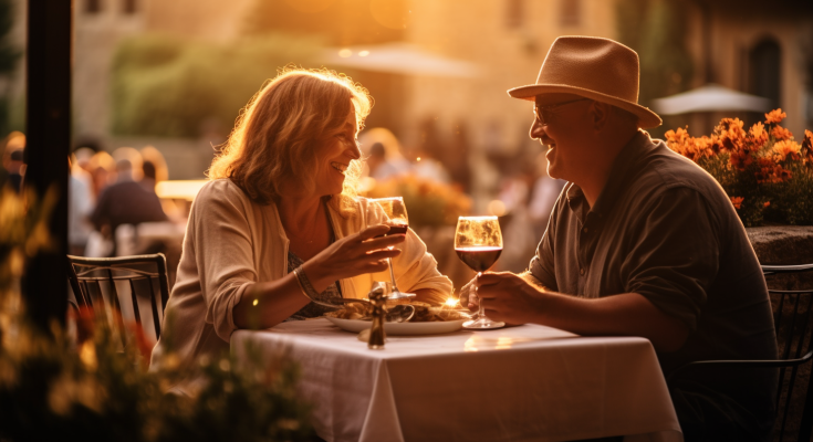 An older couple enjoying a dinner in Tuscany, Italy
