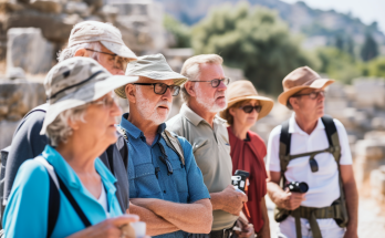 Tour group of senior citizens touring greek ruins