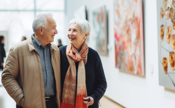 Older man and woman tour art musuem