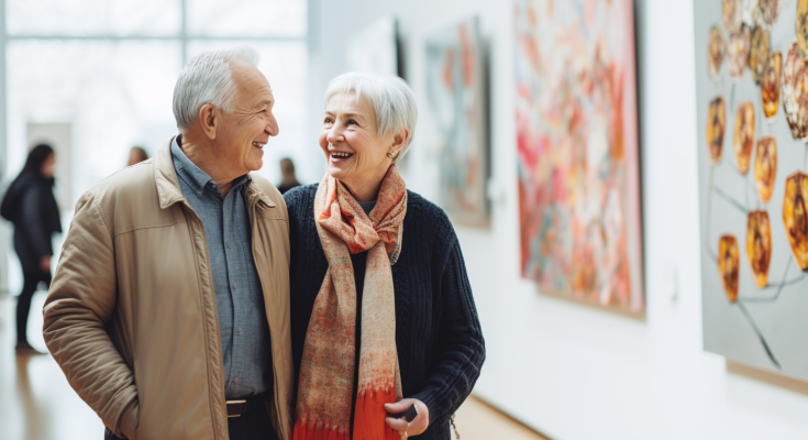 Older man and woman tour art musuem