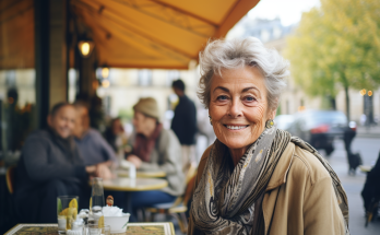 photo of an older woman traveling alone, sitting in an outside cafe in Europe, blurred city background, she turns and faces the camera