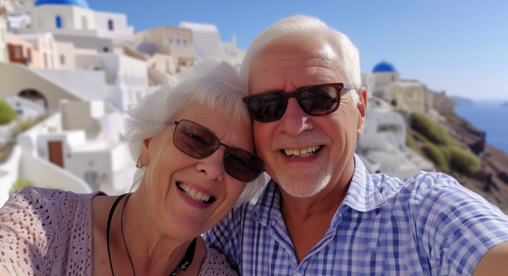 Couple taking a selfie at Santorini, Greece