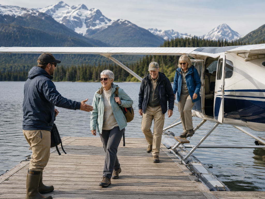 Travelers in their 60s stepping off a floatplane onto an Alaskan lake dock after a glacier flightseeing excursion on an Alaska cruise.