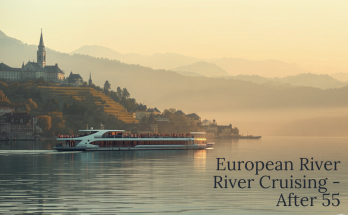 A small river cruise ship gliding along the Danube past a historic European town at golden hour
