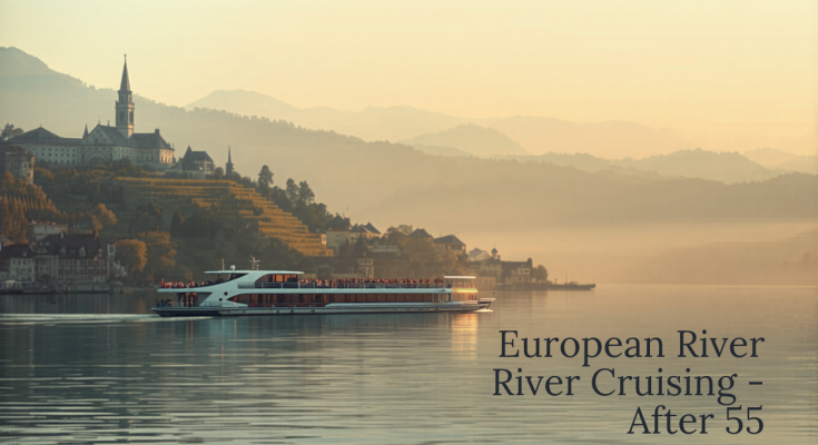 A small river cruise ship gliding along the Danube past a historic European town at golden hour