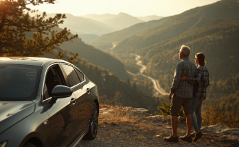 An older couple on a senior road trip pausing by their car at a scenic mountain overlook in warm morning light.